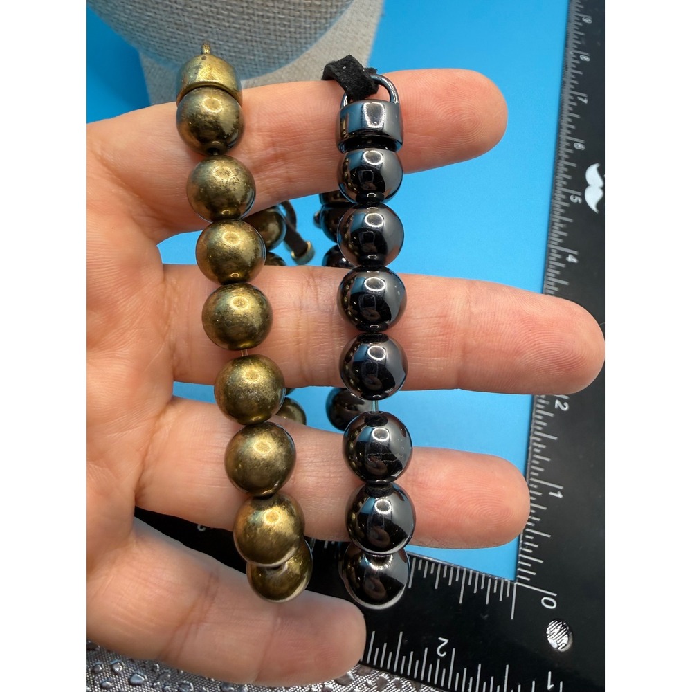 Set of 2 Beaded Adjustable Bracelets Antique Brass and Gunmetal Suede Cord Boho‎